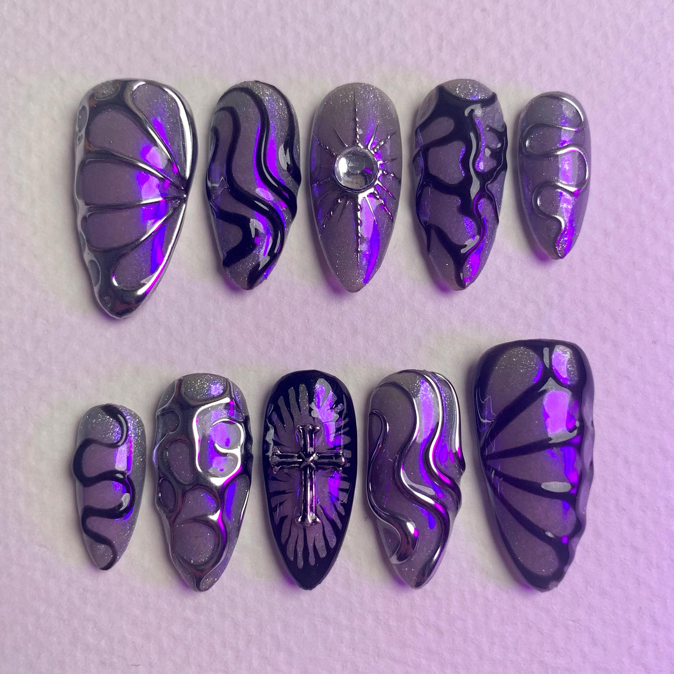 Dark Purple Nails with 3D Crystal Magic