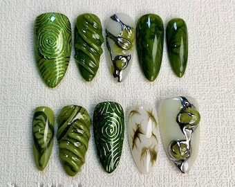 Custom Green Press On Nails, Dark Green Y2K Gel Press On Nails