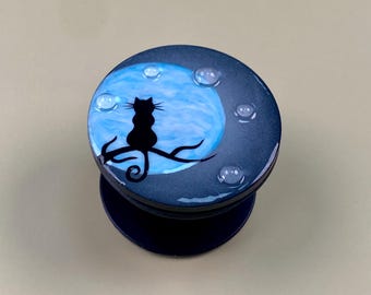 Black Cat Moon Phone Grip – Handmade Resin Phone Grip Stand, Witchy Cat Silhouette, Night Sky Phone Holder, Collapsible Gothic Phone Grip