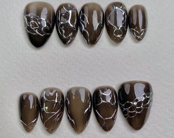 Custom Dark Jelly Press On Nägel: Silberne Chrom Goth Y2K Gefälschte Nägel