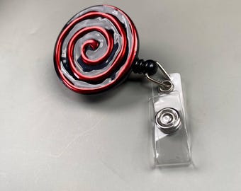 Red Spiral Badge Reel – Handmade Retractable ID Holder, Gothic Swirl Resin Badge Reel, Dark Alternative Nurse Badge Holder