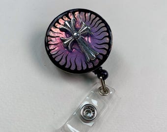 Purple Gothic Cross Badge Reel – Handmade Retractable ID Holder, Silver Cross Resin Badge Reel, Alternative Nurse Badge Holder