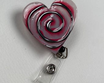 Pink Heart Badge Reel – Handmade Pink Swirl Heart Retractable ID Badge Holder, Cute Resin Nurse Badge Reel, Valentine Gift
