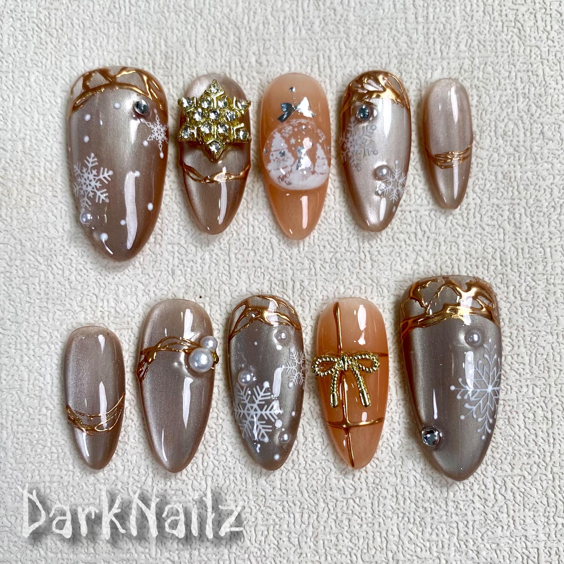Custom Christmas Press On Nails, Cat Eye Xmas Winter Party Nails