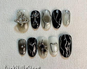 Custom Black White Press On Nails, Gothic Punk Rock Nails, Goth Y2K Press On Nails