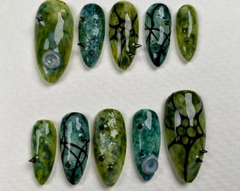 Verdant Rift Press-On Nails – Moss Green Gothic Fake Nails