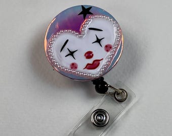 Cute Clown Badge Reel – Handmade Harlequin Retractable ID Holder, Whimsical Pearl Badge Reel for Nurses & Teachers