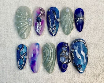 Custom Blue Press On Nails, Vacation Cruises Beach Nails, Japanese Y2K Sea Shell Press On Nails