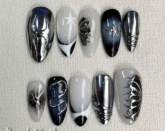 Custom Silver Press On Nails, Gothic Punk Rock Nails, Goth White Y2K Press On Nails