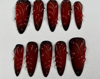 Blood Ember Press-On Nails – Dark Red Cat Eye Fake Nails