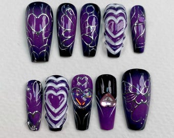 Purple Heart Press-On Nails – Y2K Chrome Gothic Fake Nails