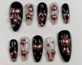 Rose Gold Chrome Press-On Nails – Black 3D Metallic Fake Nails
