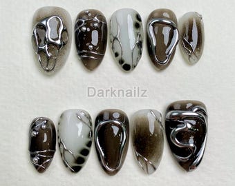 Custom Black Gothic Press On Nails: Silver Chrome Y2K Punk Rock