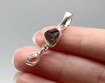 Rå Moldavit & Herkimer Diamanthänge, Handgjorda Smycken i Sterling Silver
