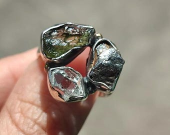 Handmade Sterling Silver Ring: Moldavite, Herkimer & Meteorite Gemstone