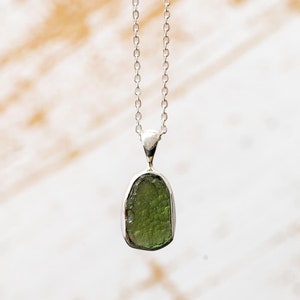 Raw Moldavite Pendant: Sterling Silver Green Tektite Jewelry