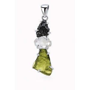 Moldavite, herkimer and Meteorite Campo Del Cielo pendant, genuine gemstone pendant, sterling silver handmade pendant, 100% genuine gemstone