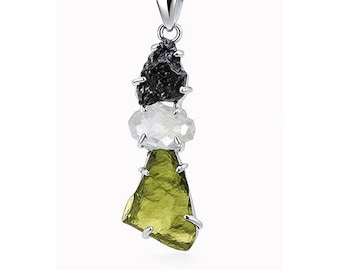 Handgjort hänge i sterlingsilver med moldavit, herkimer och meteorit