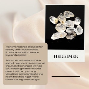 May include: A close-up of a group of clear Herkimer diamond crystals. The crystals are double-terminated and have a natural, raw appearance. The text "HERKIMER" is visible in the image.