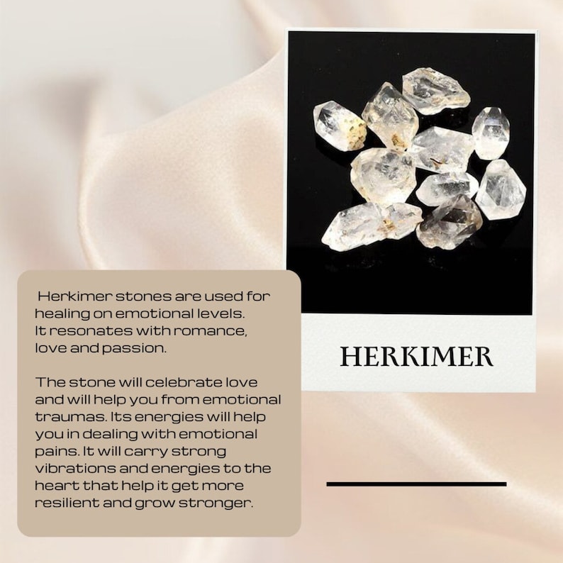 May include: A close-up of a group of clear Herkimer diamond crystals. The crystals are double-terminated and have a natural, raw appearance. The text "HERKIMER" is visible in the image.