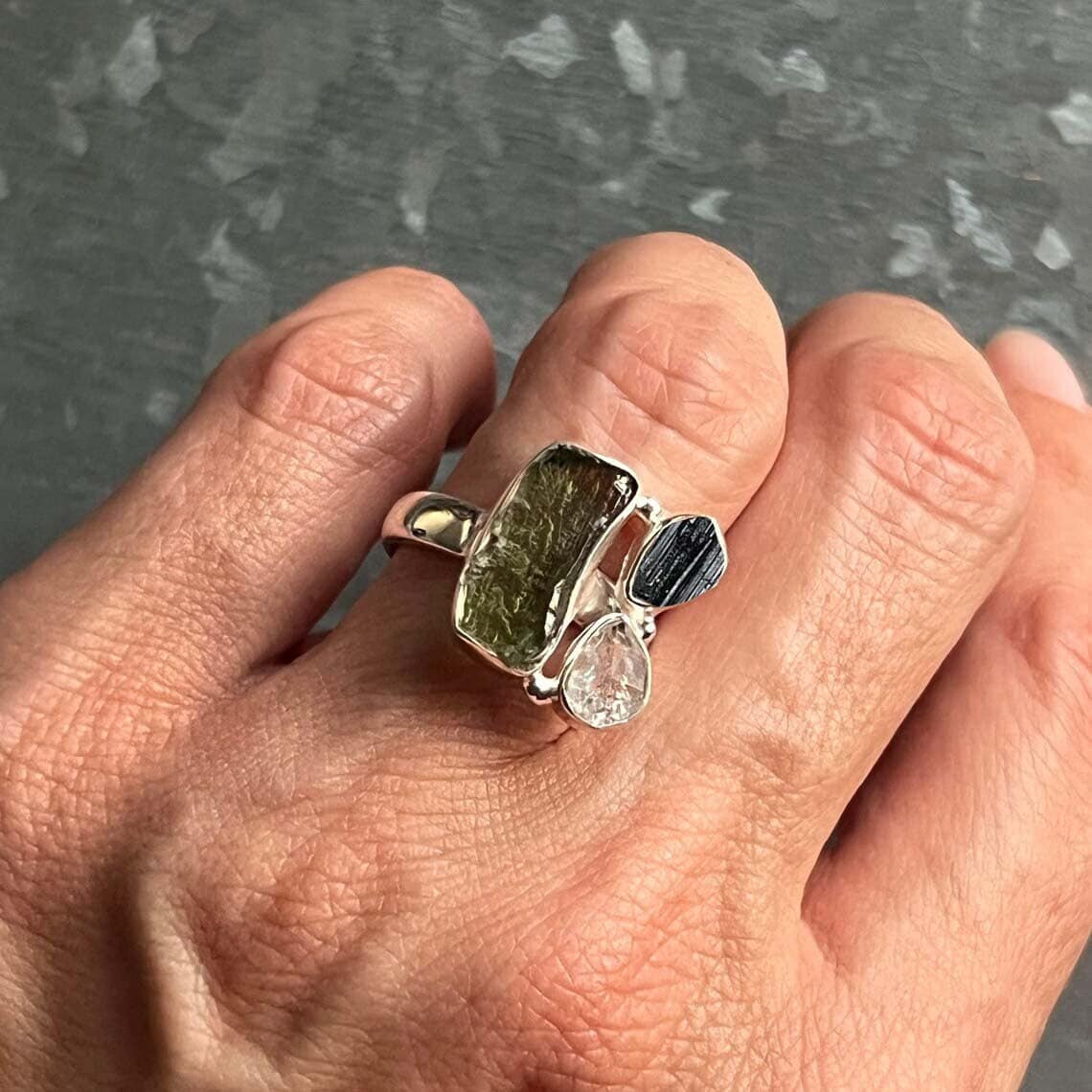 Handmade Moldavite, Black Tourmaline & Herkimer Diamond Sterling Silver Ring