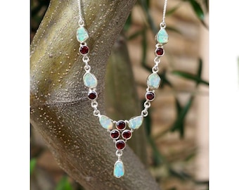 Raw Ethiopian Opal & Garnet Pendant: 925 Sterling Silver Necklace
