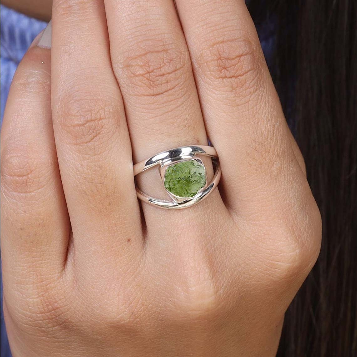 thumbnail image 2 of Rough Moldavite Ring: 925 Sterling Silver, Genuine Czech Stone 2 of 13