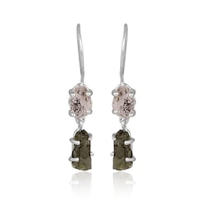 Handmade Moldavite Herkimer Diamond Earrings: 925 Sterling Silver Jewelry