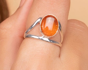 Anillo de ámbar báltico coñac: piedra preciosa de plata de ley 925 hecha a mano