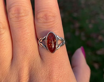 Anillo de ámbar coñac báltico: Plata de ley 925, joyería de piedras preciosas