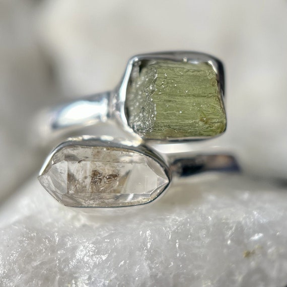 Diamond Rings Moldavite Ring, Herkimer Diamond Ring, Hand Made