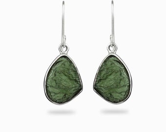 Natural Moldavite Rough Earrings Gemstone From Czech Republic 925 Solid Sterling Silver Handmade Designer Jewelry