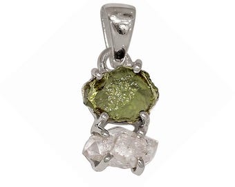 Handgjort Moldavithänge, Rå Herkimerdiamant, 925 Sterling Silver