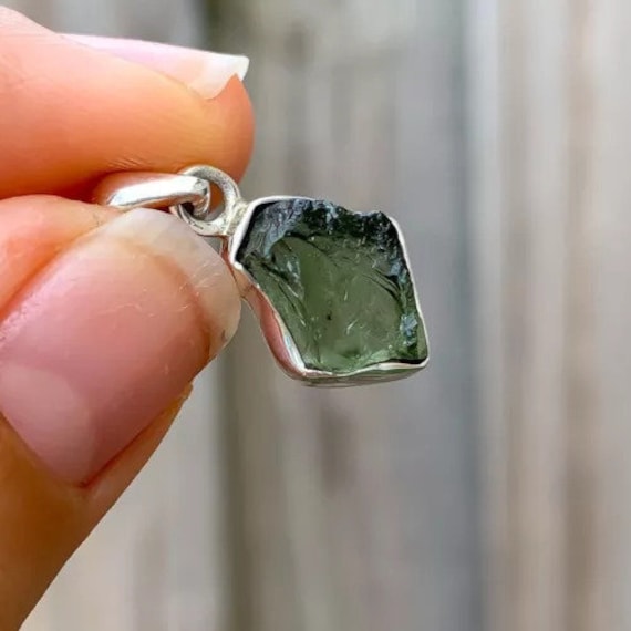 Raw Moldavite Pendant, Handmade 925 Sterling Silver, Rough Green Gemstone