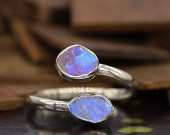 Raw Rainbow Moonstone Ring: Sterling Silver Boho Jewelry