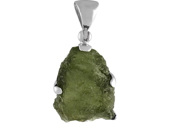 Raw Moldavite Pendant, Handmade Sterling Silver Rough Gemstone Jewelry
