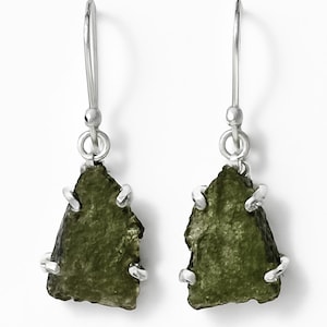 Rough Moldavite Gemstone Earrings: Handmade 925 Sterling Silver Jewelry