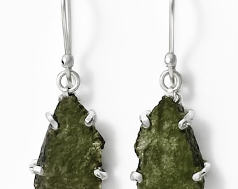 Rough Moldavite Gemstone Earrings: Handmade 925 Sterling Silver Jewelry
