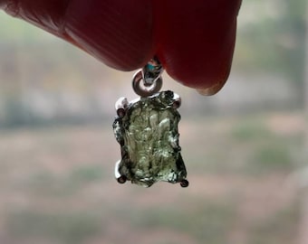 Green Raw Moldavite Pendant, Handmade 925 Sterling Silver Rough Gemstone Jewelry