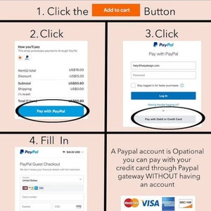 Op de afbeelding: Een diagram dat vier stappen laat zien om te betalen met een creditcard via PayPal. De stappen zijn: 1. Klik op de knop Toevoegen aan winkelwagen. 2. Klik op Betalen met PayPal. 3. Klik op Inloggen. 4. Vul uw creditcardgegevens in. De afbeelding laat ook zien dat een PayPal-account optioneel is en dat u met uw creditcard via de PayPal-gateway kunt betalen zonder een account te hebben. De afbeelding bevat logo's voor Mastercard, Visa, American Express en Discover.