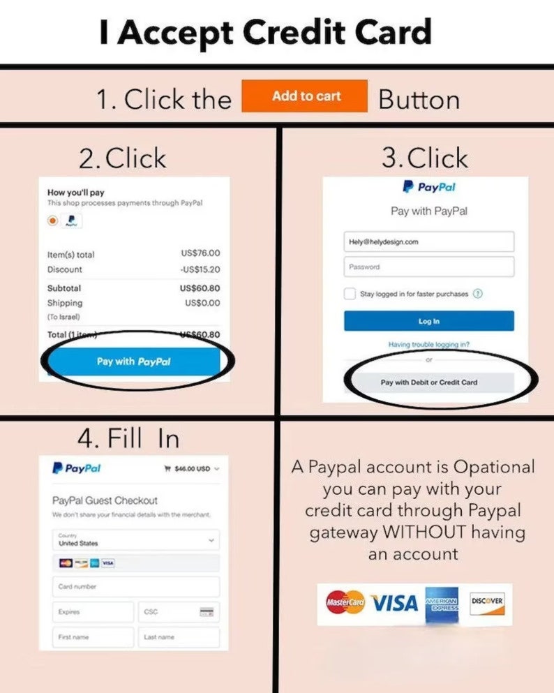 Op de afbeelding: Een diagram dat vier stappen laat zien om te betalen met een creditcard via PayPal. De stappen zijn: 1. Klik op de knop Toevoegen aan winkelwagen. 2. Klik op Betalen met PayPal. 3. Klik op Inloggen. 4. Vul uw creditcardgegevens in. De afbeelding laat ook zien dat een PayPal-account optioneel is en dat u met uw creditcard via de PayPal-gateway kunt betalen zonder een account te hebben. De afbeelding bevat logo's voor Mastercard, Visa, American Express en Discover.
