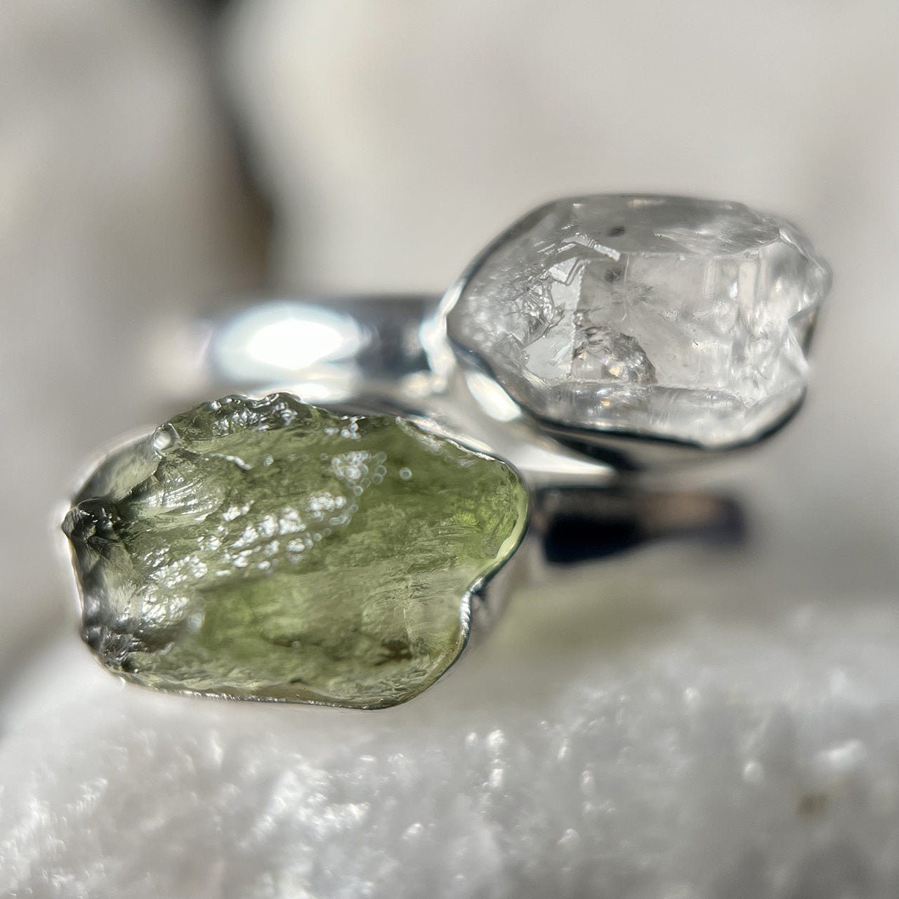 Silver Rings Natural Moldavite And Herkimer Diamond Raw 925
