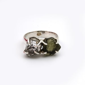 Handmade Moldavite & Herkimer Diamond Ring: 925 Sterling Silver