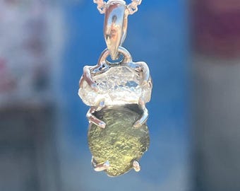 Handgjort sterlingsilver Moldavit Herkimer-hänge