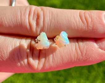 Raw Opal Stud Earrings: Handmade 925 Sterling Silver, Australian Opal