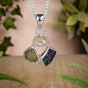 Moldavit Herkimer & Schwarzer Turmalin Anhänger: Silber 925