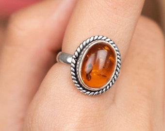 Anillo de ámbar báltico coñac artesanal: joyería de plata de ley 925