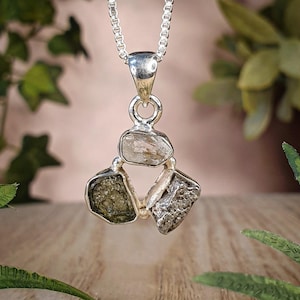 Moldavite Herkimer Meteorite Pendant: Sterling Silver Gemstone