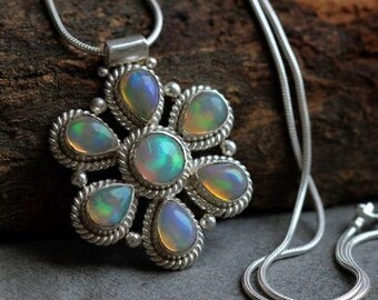 Raw Opal Flower Pendant: Sterling Silver Ethiopian Gemstone Necklace
