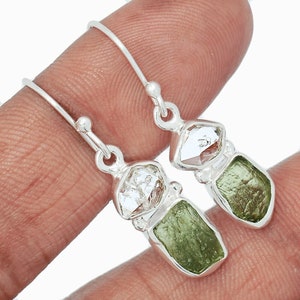 Moldavite Herkimer Diamond Earrings: 925 Sterling Silver Gemstone Jewelry